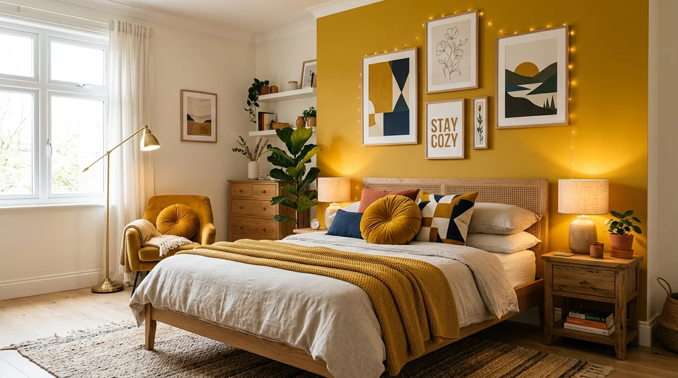 A mustard yellow accent bedroom with neutral base tones, bold cushions, artistic wall prints, warm cozy lighting, vibrant yet balanced aesthetic, no people