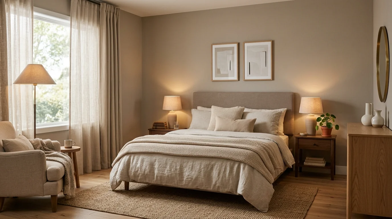 A soft taupe bedroom with layered neutral tones, textured bedding, simple elegant decor, warm indirect lighting, calm and grounded mood, no people