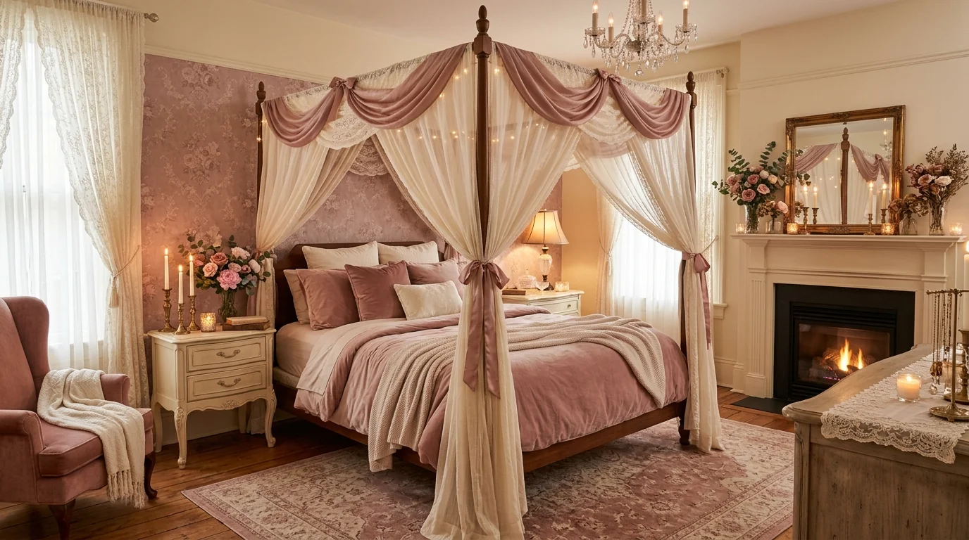 A dusty rose and cream bedroom with romantic styling, soft fabric drapes, floral accents, warm candlelight glow, elegant cozy atmosphere, no people