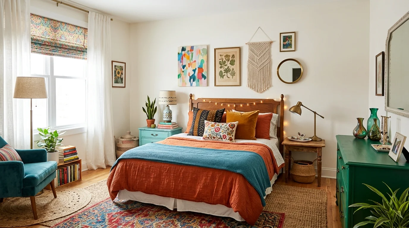 A multicolor eclectic bedroom with carefully balanced bold color accents, artistic decor pieces, layered textures, creative personalized style, bright natural lighting, no people
