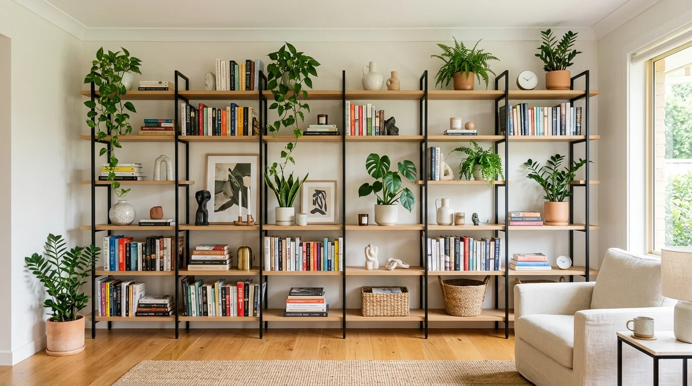 A modern space with open shelving displaying books plants and decor items neatly arranged bright lighting practical yet aesthetic design no people