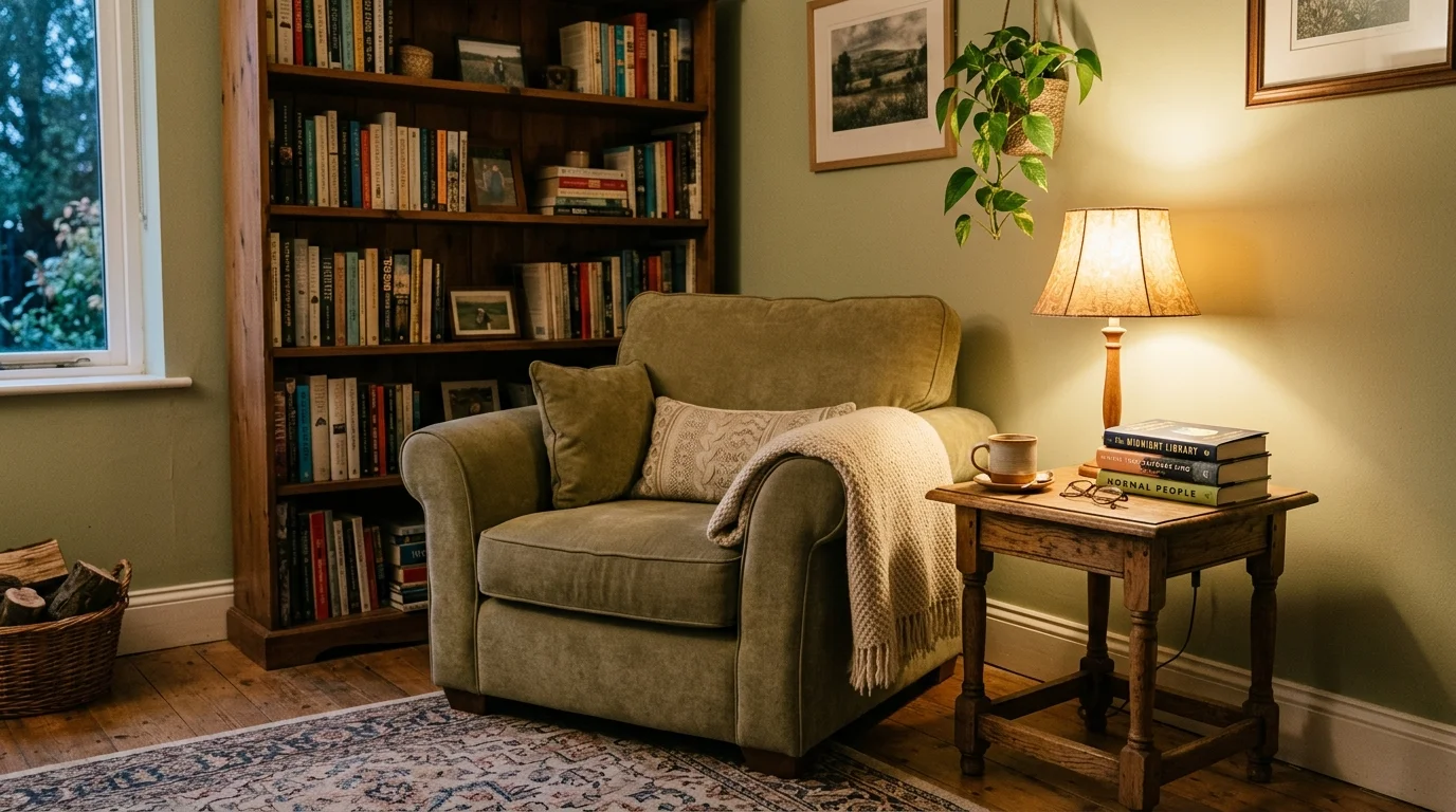 A cozy corner with an armchair small side table and a lamp warm soft lighting inviting functional reading nook no people