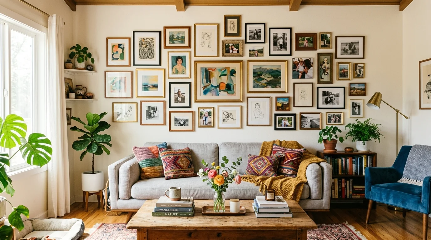 A living room with a gallery wall of artwork and photos arranged creatively bright natural daylight personalized beautiful decor no people