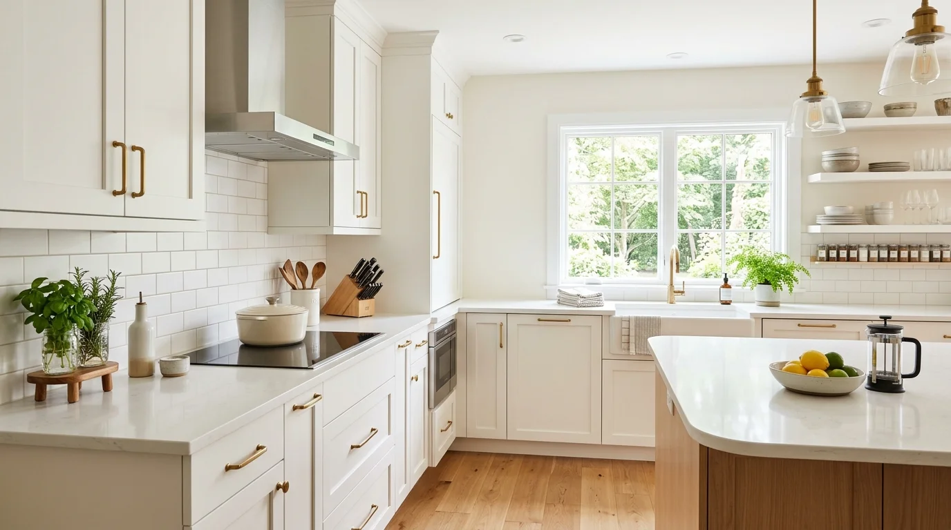 A kitchen with organized countertops minimal clutter and stylish storage bright lighting clean functional cooking space no people