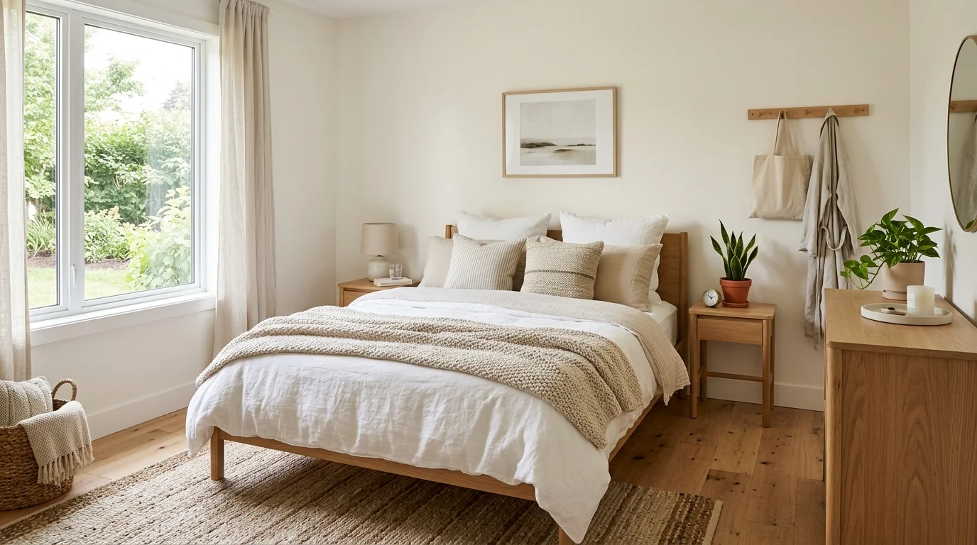 A bedroom with layered bedding soft textiles and simple decor bright natural light calm and functional retreat no people