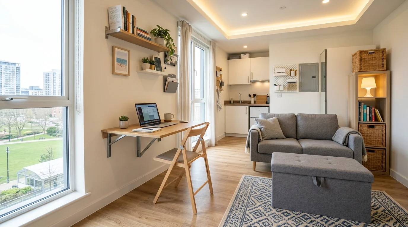 A space with multifunctional furniture like a storage ottoman and foldable table bright lighting efficient practical design no people