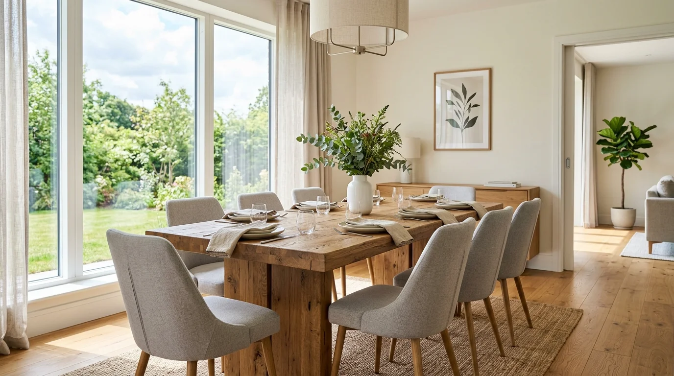 A dining area with a wooden table stylish chairs and a simple centerpiece bright natural daylight elegant functional layout no people