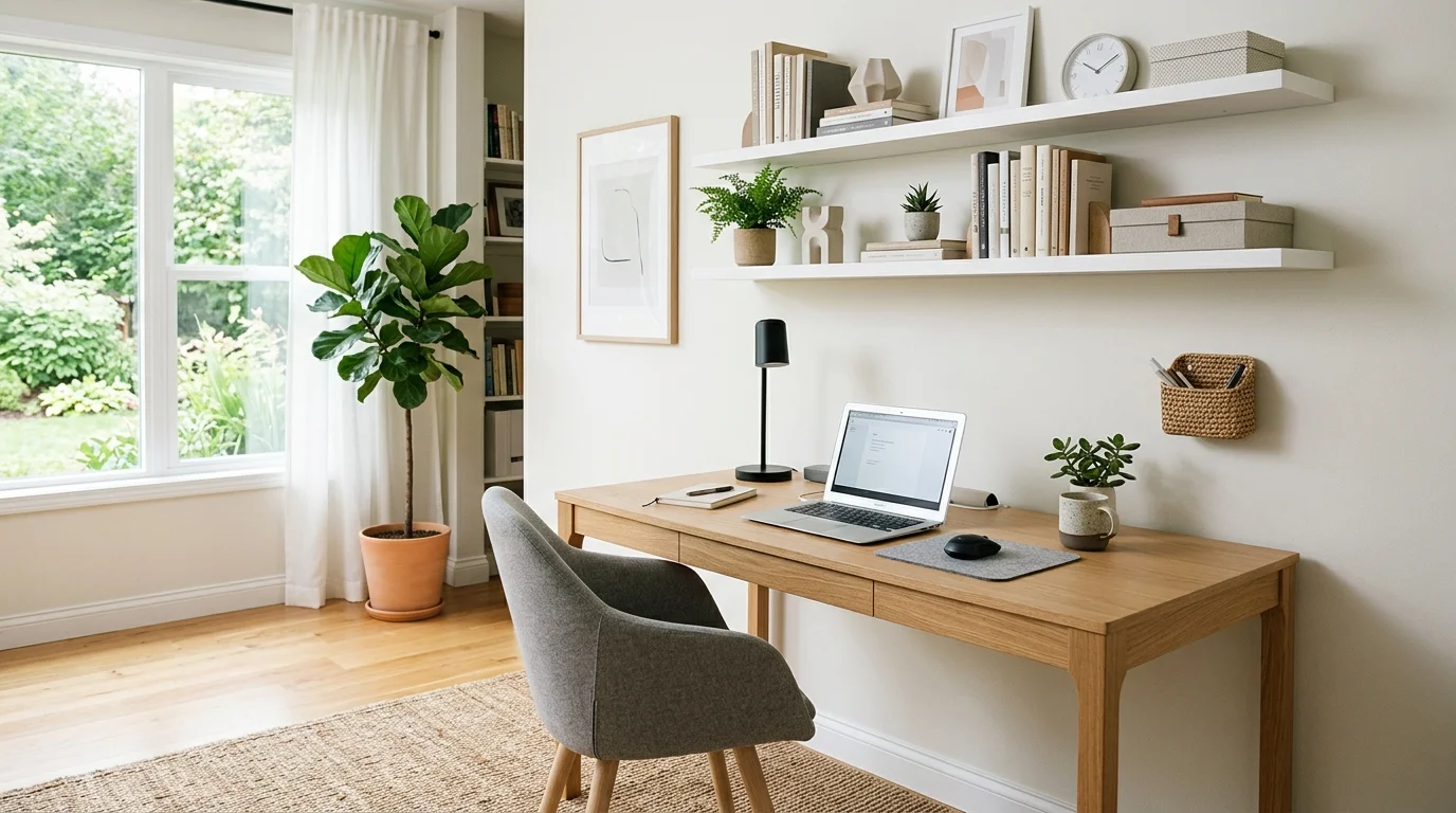 A home office with a clean desk organized shelves and minimal decor bright lighting productive and beautiful workspace no people