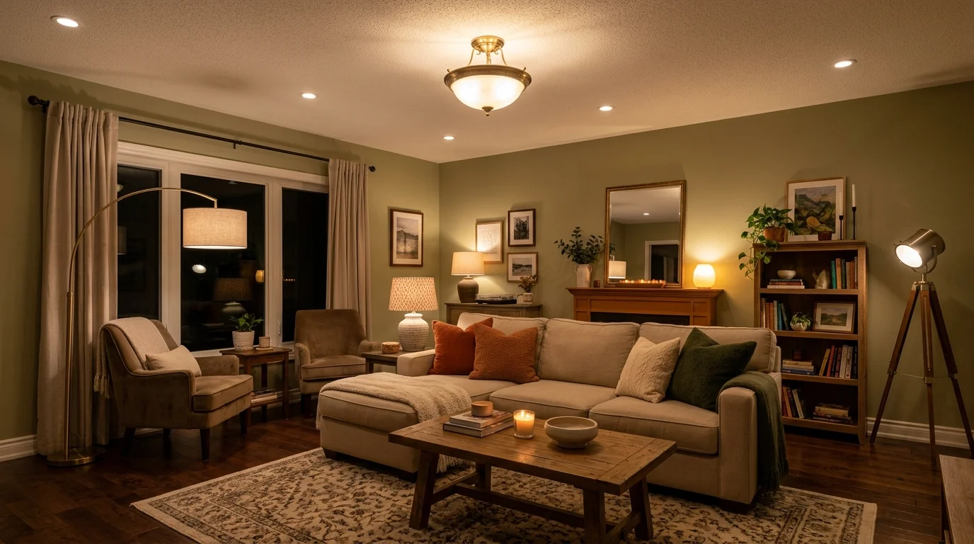 A living room with layered lighting including floor lamps table lamps and ceiling lights warm ambient lighting balanced functional atmosphere no people