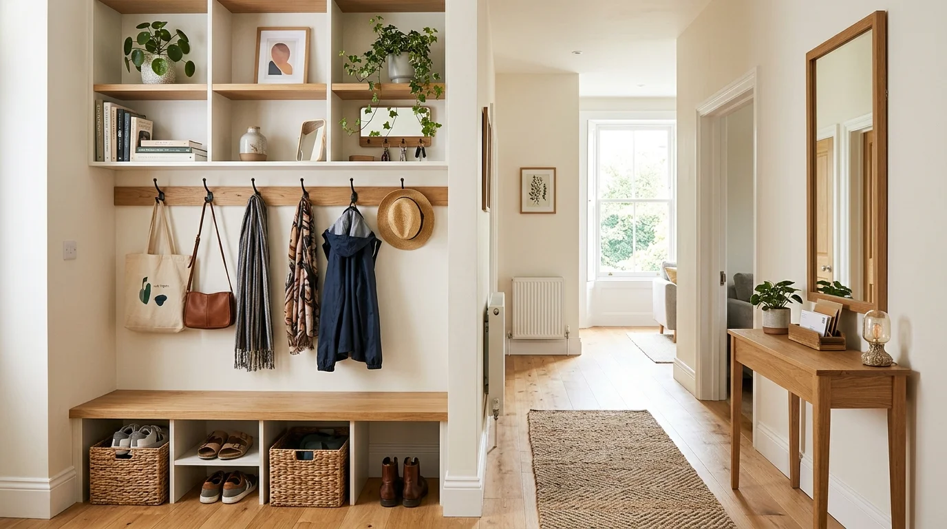 A hallway with smart storage solutions like hooks and shelves bright natural daylight organized welcoming space no people