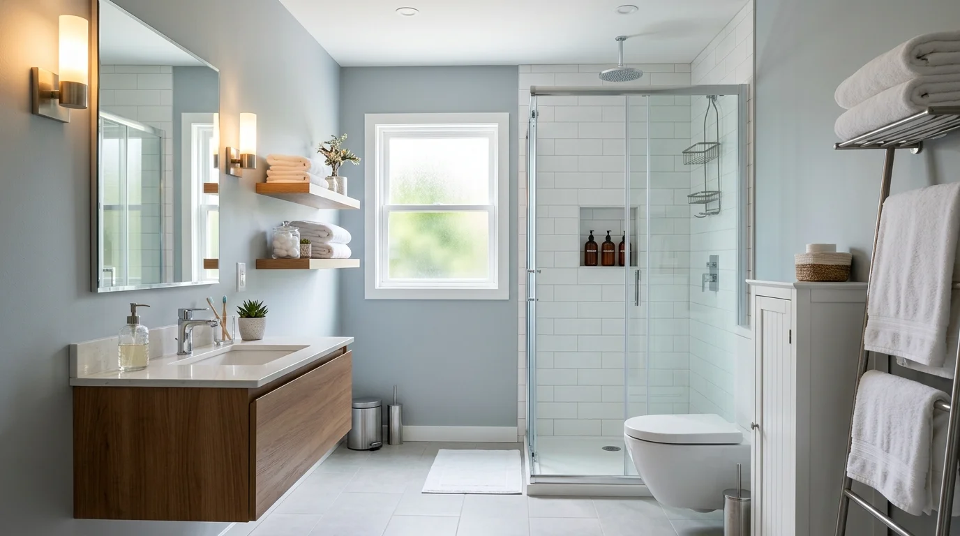 A bathroom with simple decor and organized storage bright lighting clean functional design no people