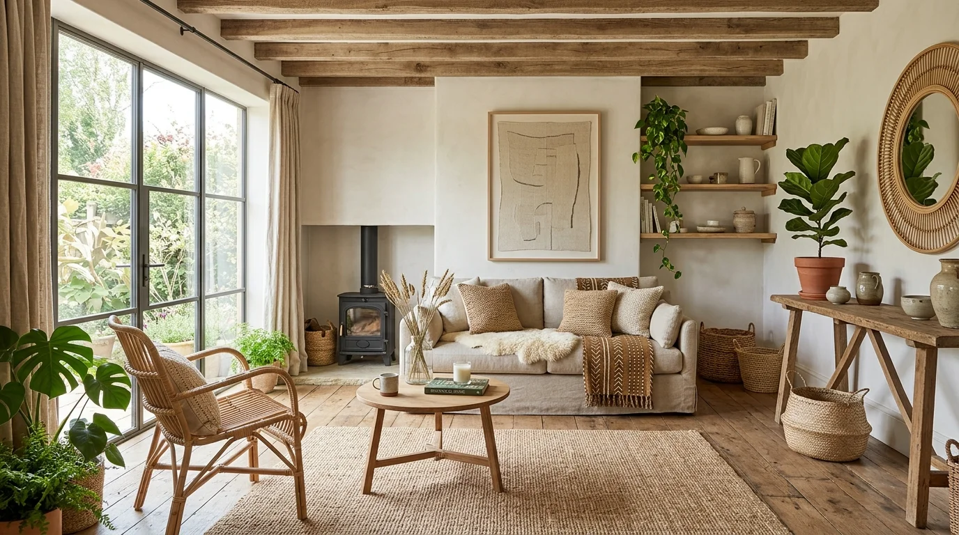 A room with natural textures like wood and woven elements bright natural light balanced harmonious decor no people