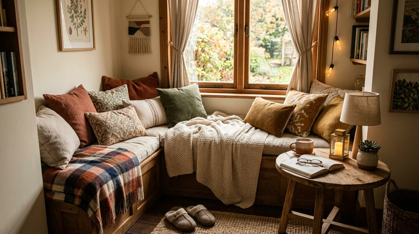 A cozy nook with cushions throws and a small table warm lighting relaxing functional retreat no people