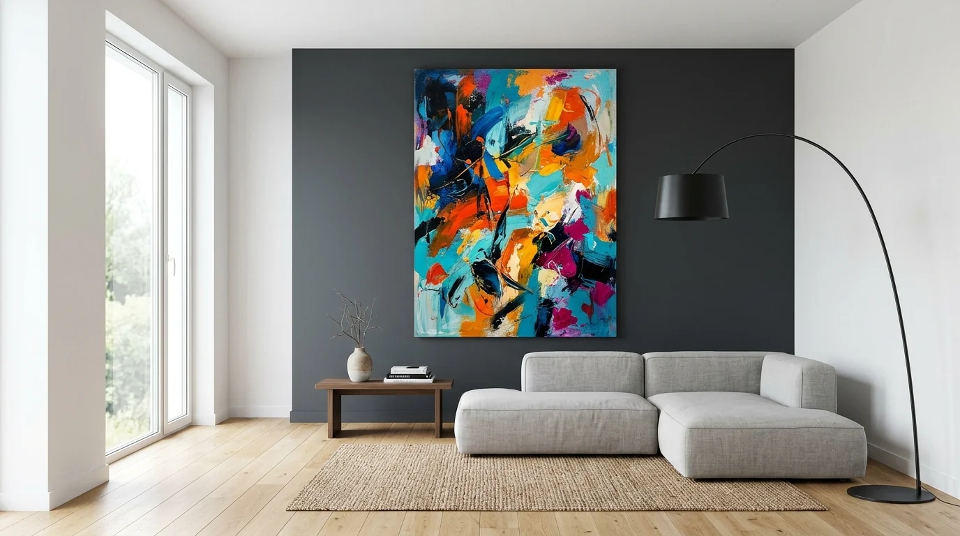 A bold statement wall with one oversized colorful abstract painting creating a focal point in a minimal room bright lighting artistic expressive decor no people