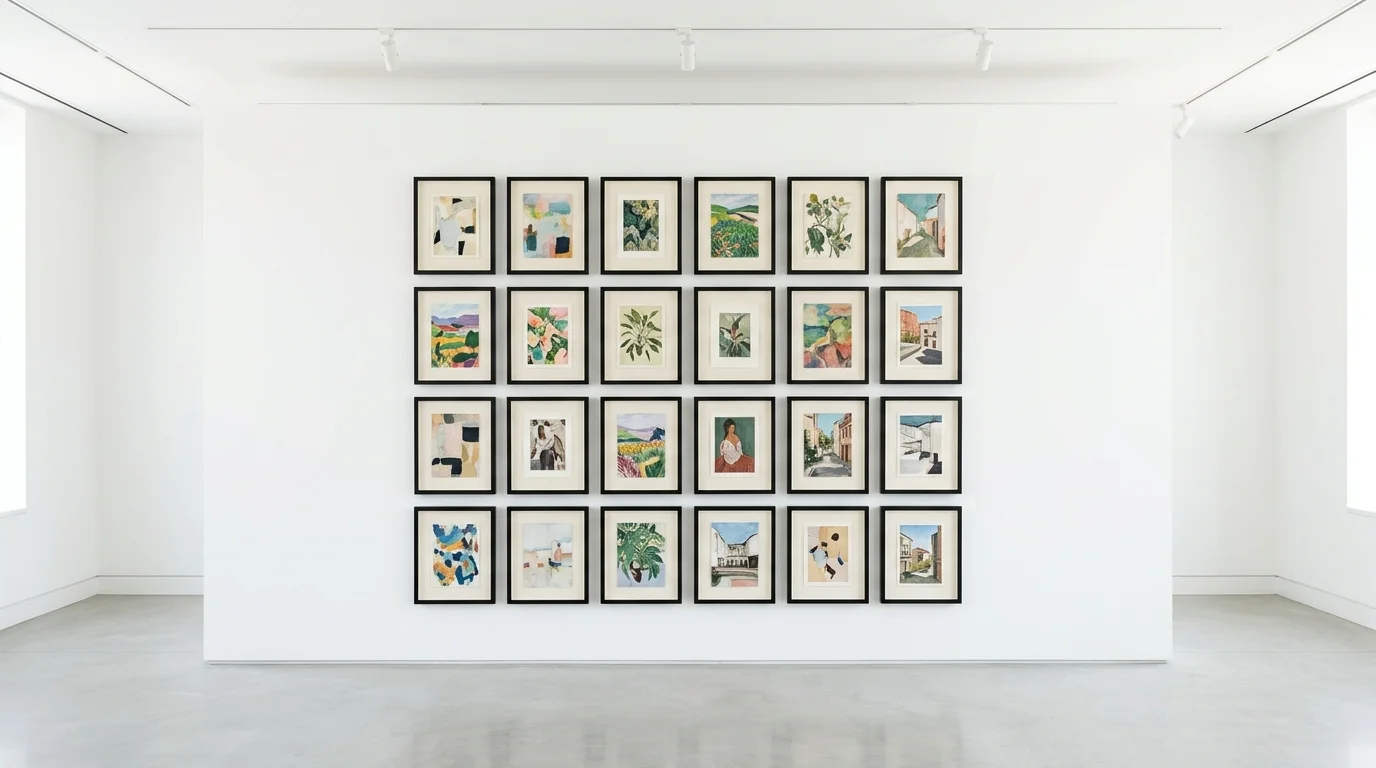 A curated gallery of small paintings in matching frames arranged in a grid on a white wall bright even lighting clean organized aesthetic no people