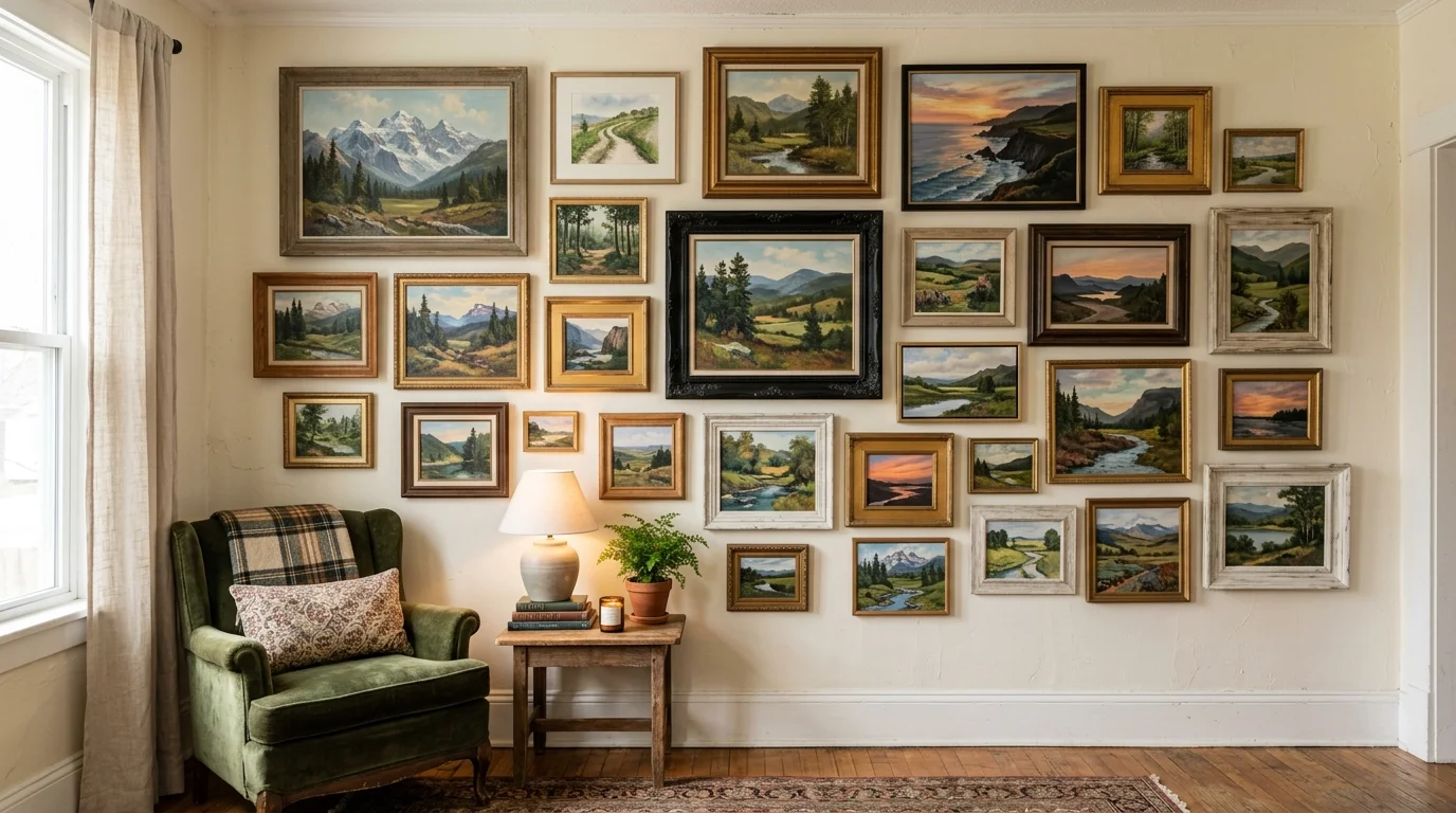 A wall with a mix of landscape paintings in various sizes arranged organically soft natural light cozy personalized gallery vibe no people