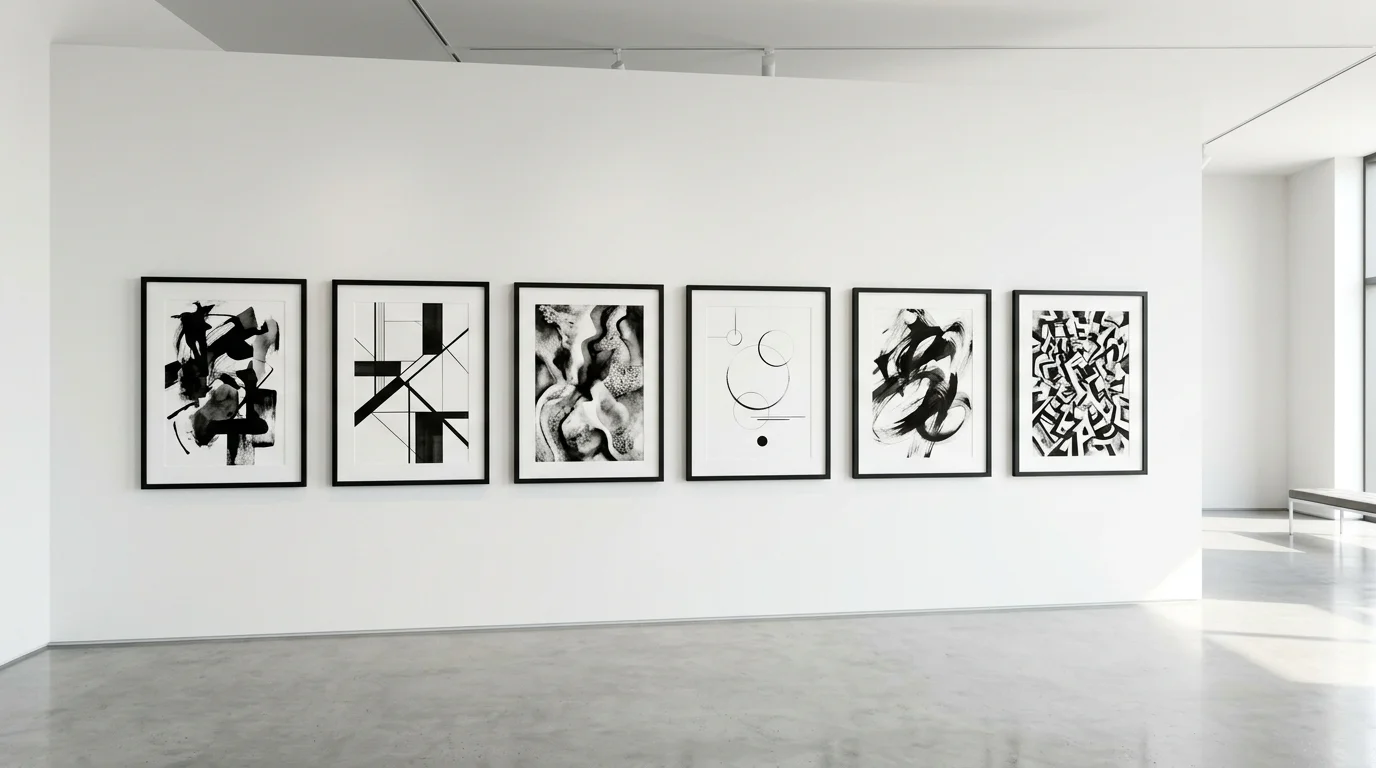 A set of black and white paintings framed simply and hung in a linear arrangement bright lighting minimalist modern style no people