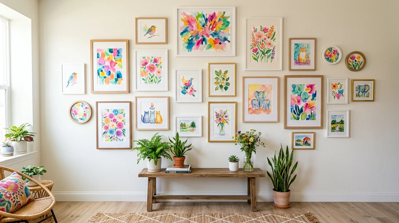 A wall with vibrant watercolor paintings in bright hues arranged in a playful asymmetrical layout bright lighting cheerful artistic decor no people