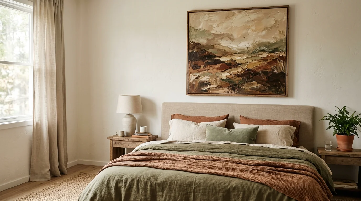 A large canvas painting with textured brush strokes in earthy tones displayed above a bed soft diffused lighting calming personalized space no people