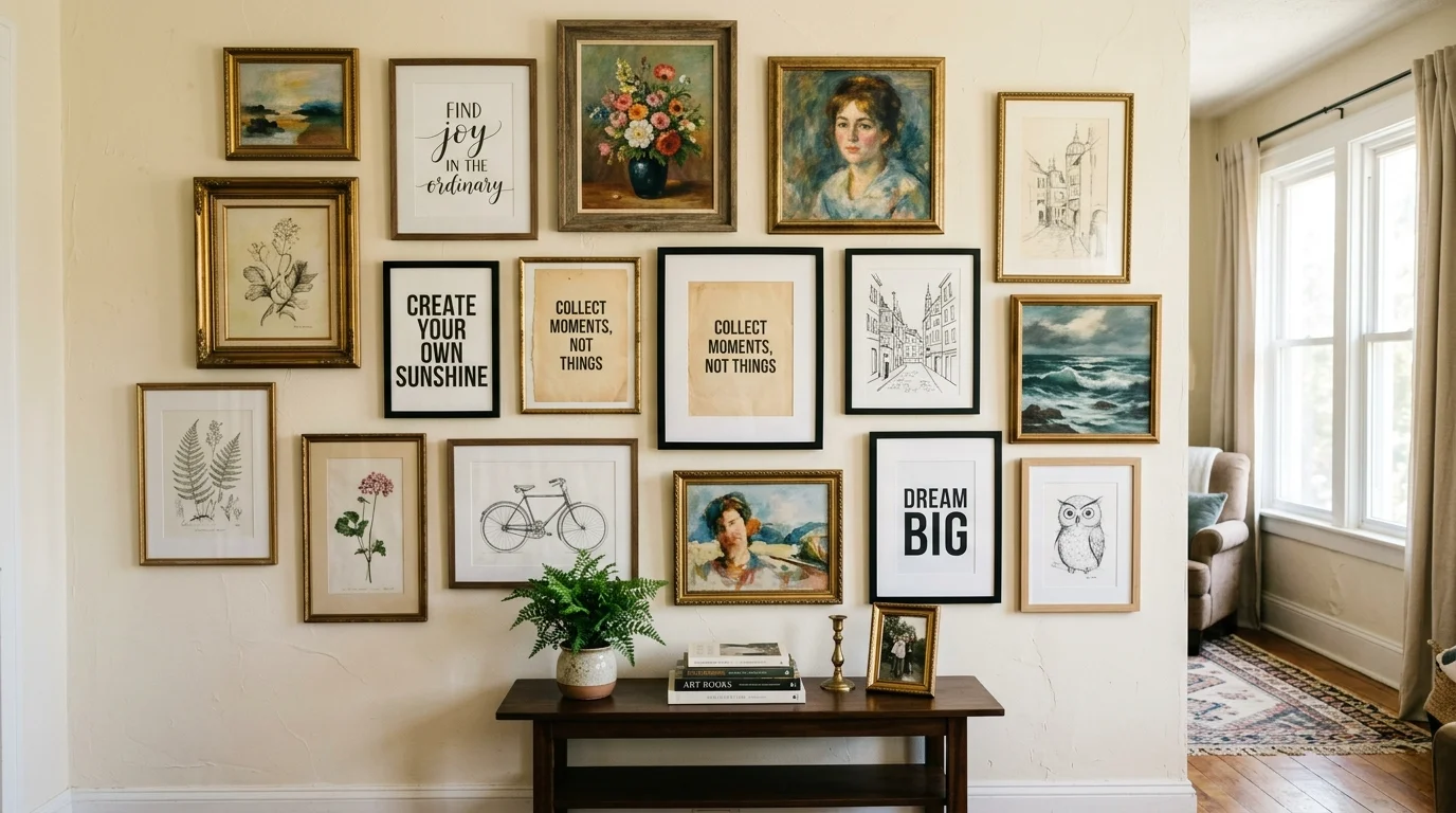 A gallery wall combining paintings with framed quotes and sketches arranged creatively bright natural daylight eclectic personalized design no people