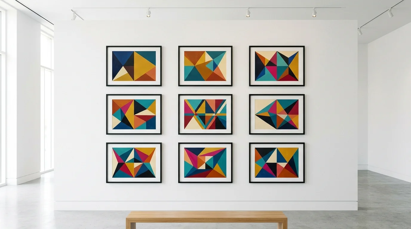 A modern wall with geometric paintings in bold colors arranged in a balanced composition bright lighting contemporary art display no people