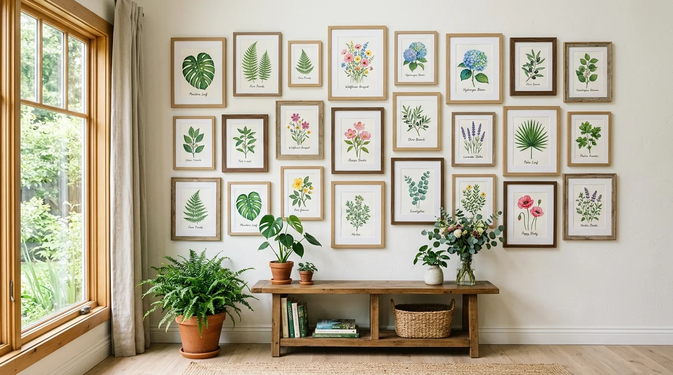 A wall with hand painted botanical art pieces framed and arranged neatly bright daylight fresh nature inspired gallery no people