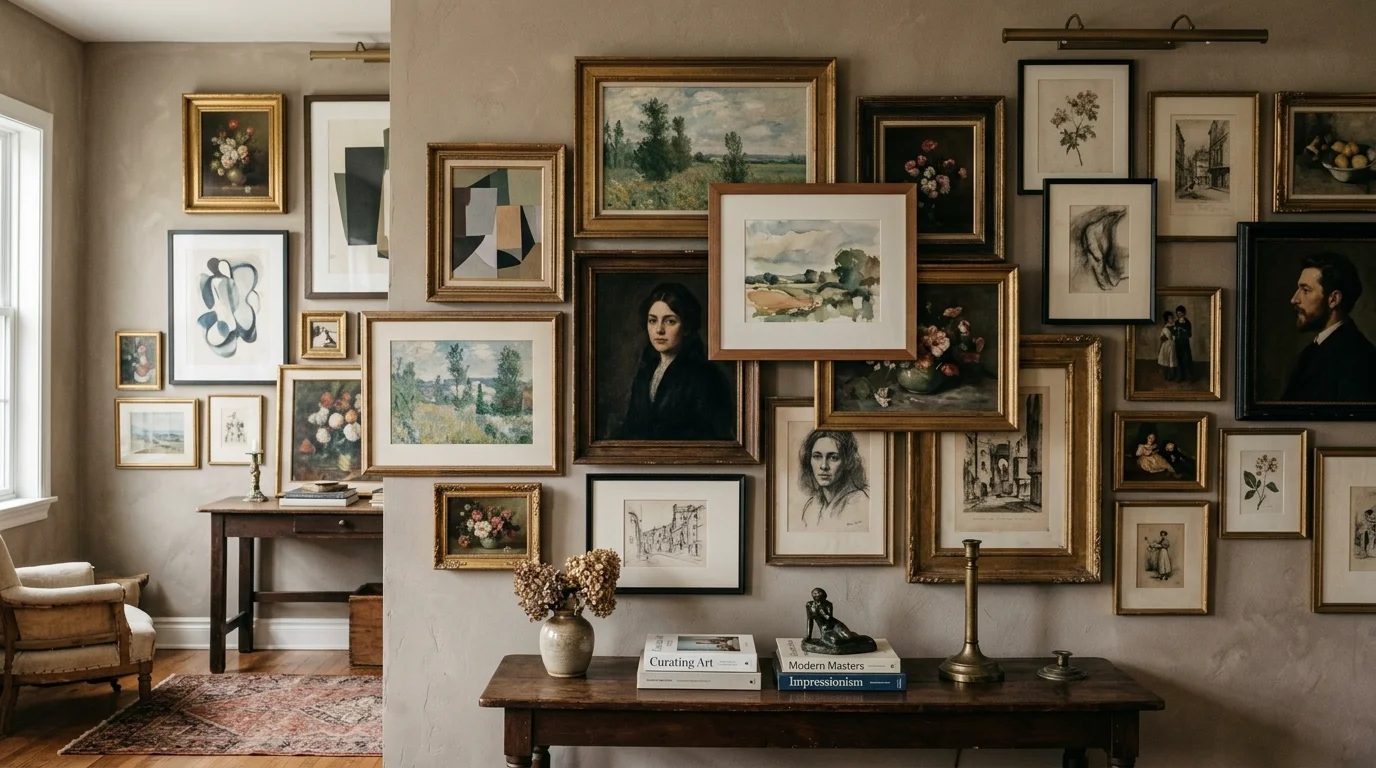 A layered gallery wall with overlapping frames featuring paintings in mixed styles soft lighting artistic curated feel no people