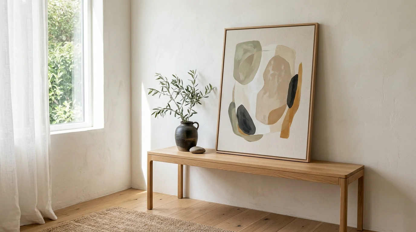 A minimalist setup with one framed painting leaning against the wall on a console table soft natural light relaxed modern styling no people