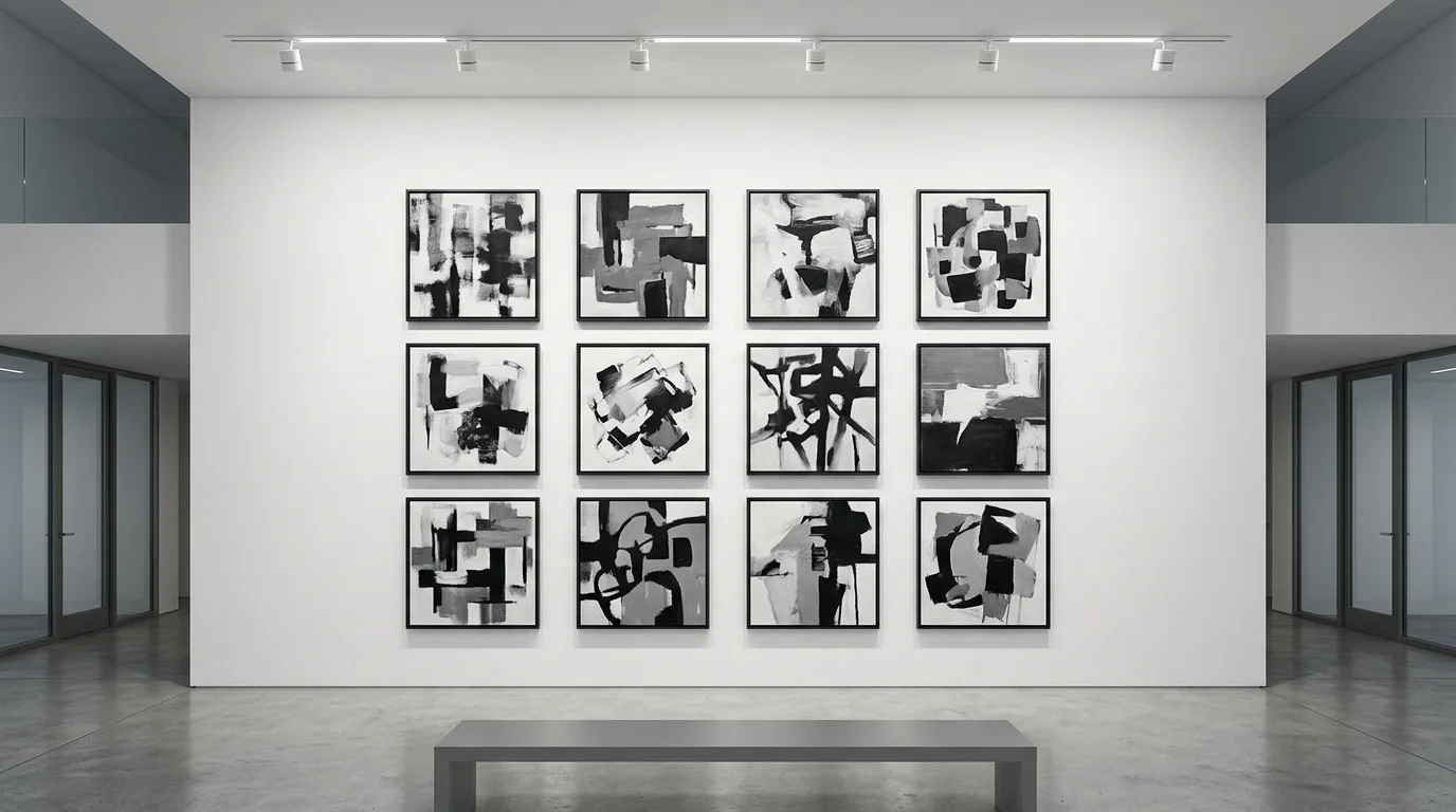 A wall featuring monochrome paintings in black gray and white tones arranged symmetrically bright lighting sleek modern aesthetic no people