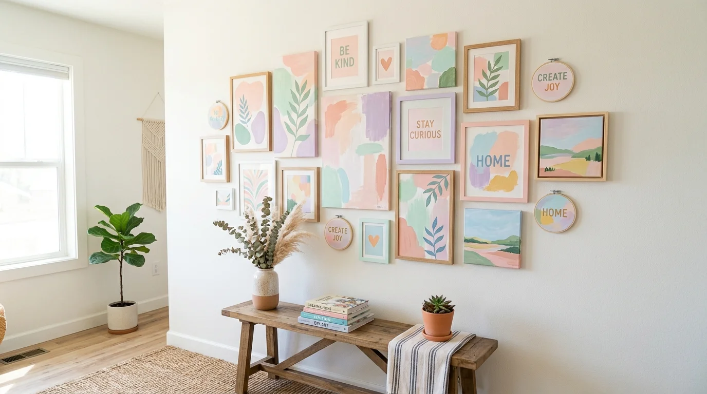 A creative gallery wall with DIY painted canvases in soft pastel colors arranged in a cluster bright natural light personalized budget friendly art display no people