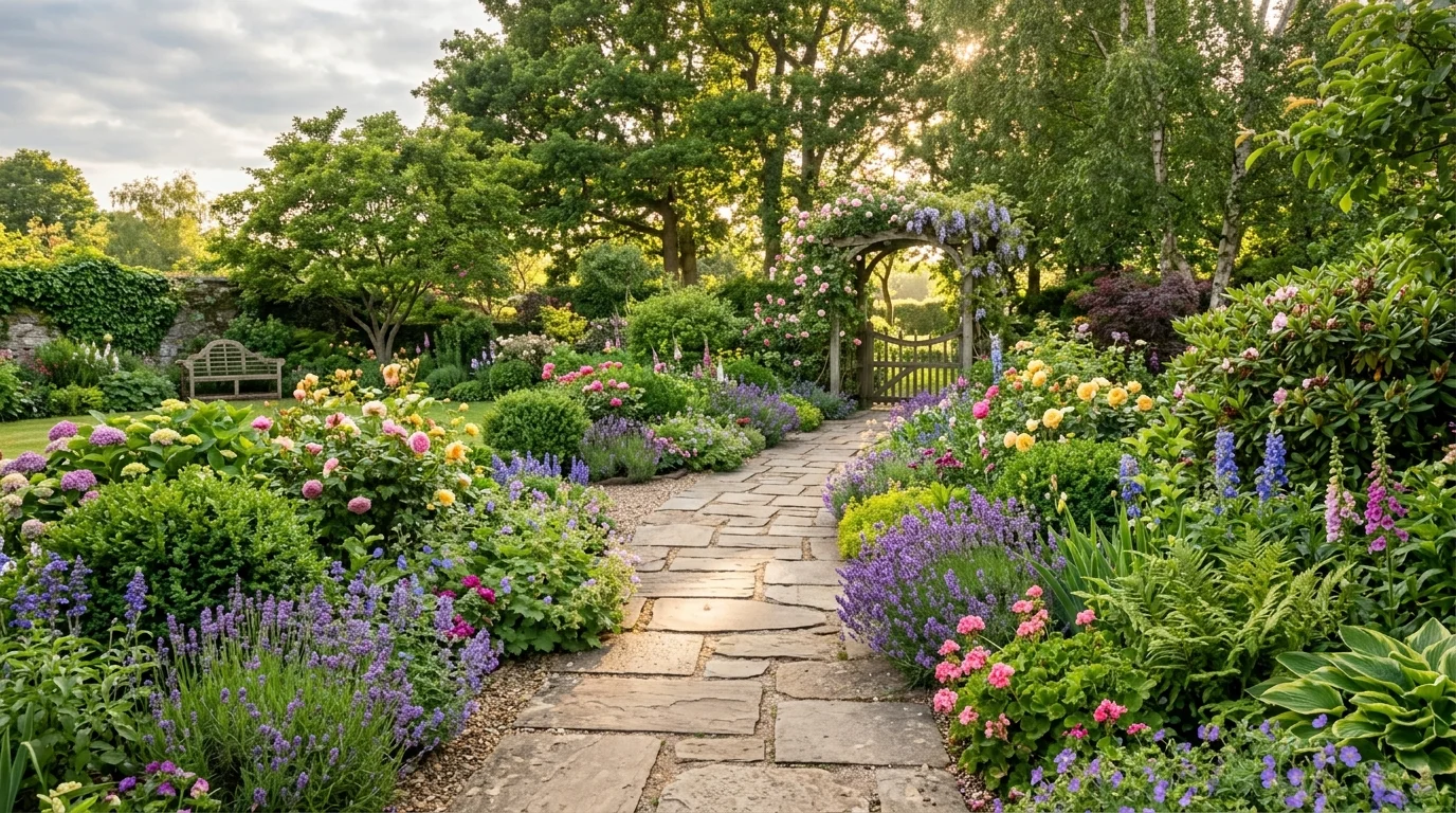 A landscaped garden pathway with stone pavers lined by colorful flowers and low shrubs soft sunlight creating a welcoming outdoor ambiance no people