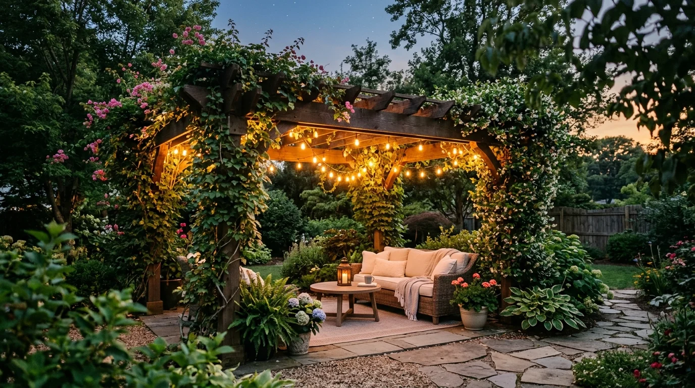 A backyard with a pergola covered in climbing vines and string lights hanging overhead warm evening glow relaxing outdoor retreat no people