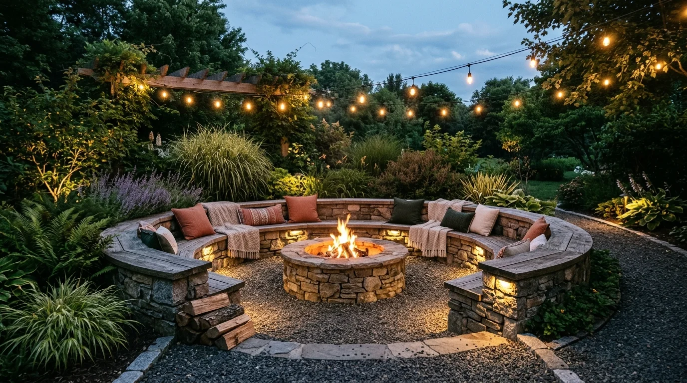 A fire pit area with circular seating surrounded by gravel and plants soft ambient lighting cozy gathering spot no people