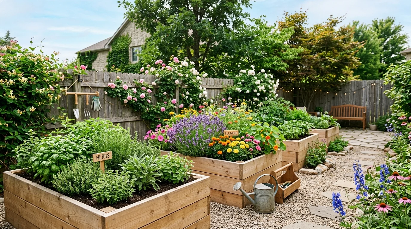 A backyard garden with raised wooden planters filled with herbs and flowers bright natural light fresh functional outdoor decor no people