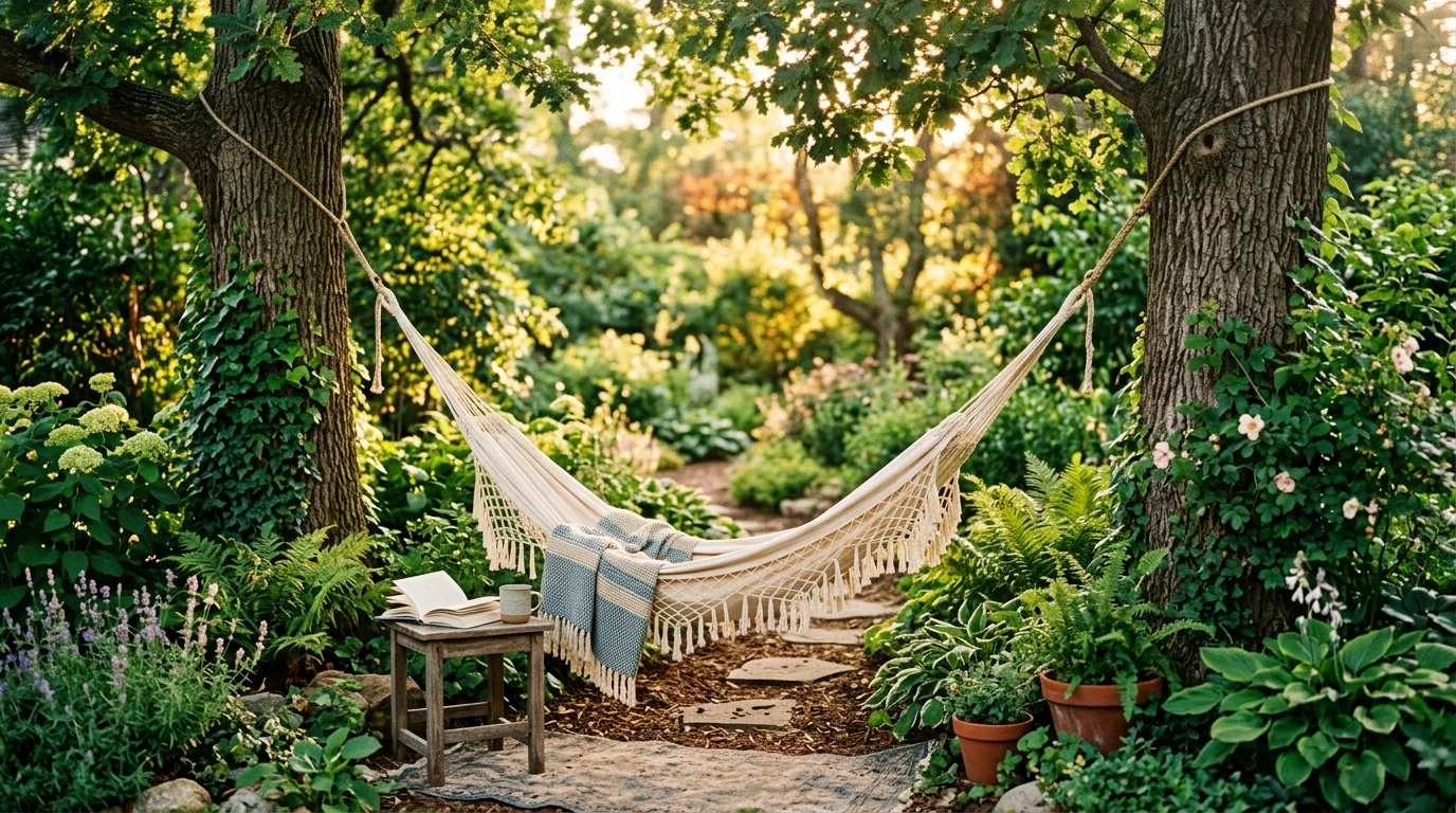 A seating nook with a hammock between trees surrounded by lush greenery soft golden hour lighting peaceful backyard escape no people