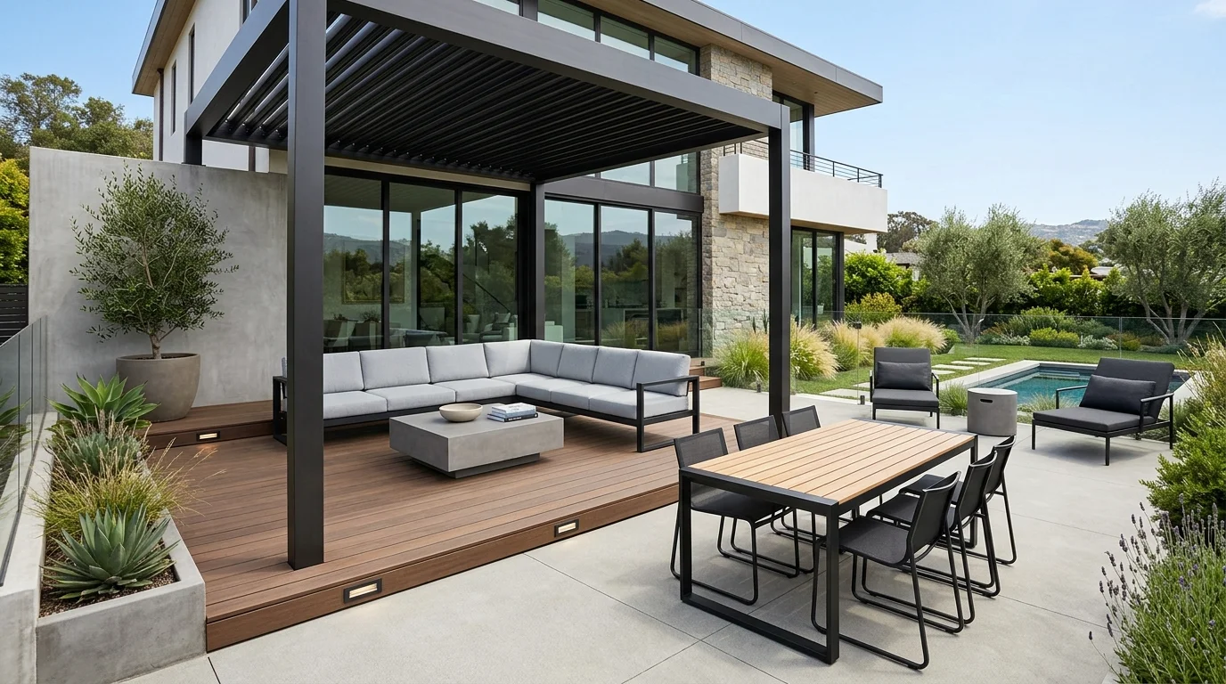 A modern patio with sleek outdoor furniture minimal decor and clean lines bright lighting contemporary outdoor design no people