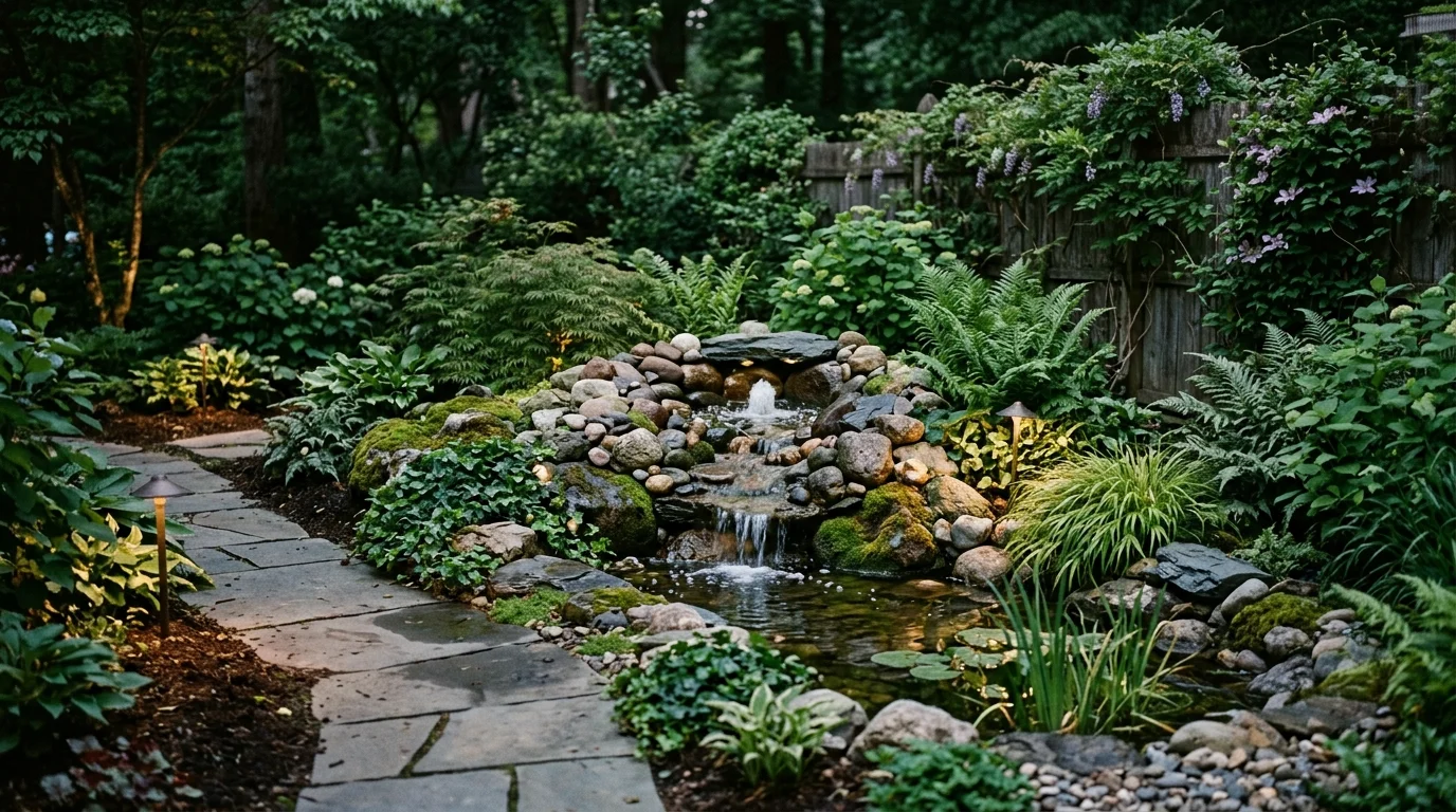 A backyard water feature with a small fountain surrounded by rocks and greenery soft lighting calming tranquil atmosphere no people