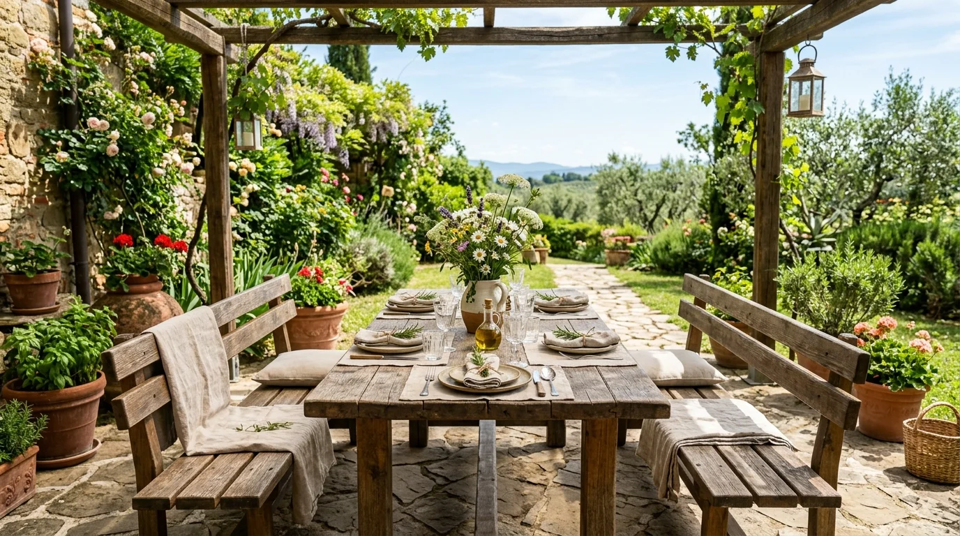 A rustic outdoor dining area with a wooden table benches and a simple centerpiece bright daylight inviting alfresco setup no people