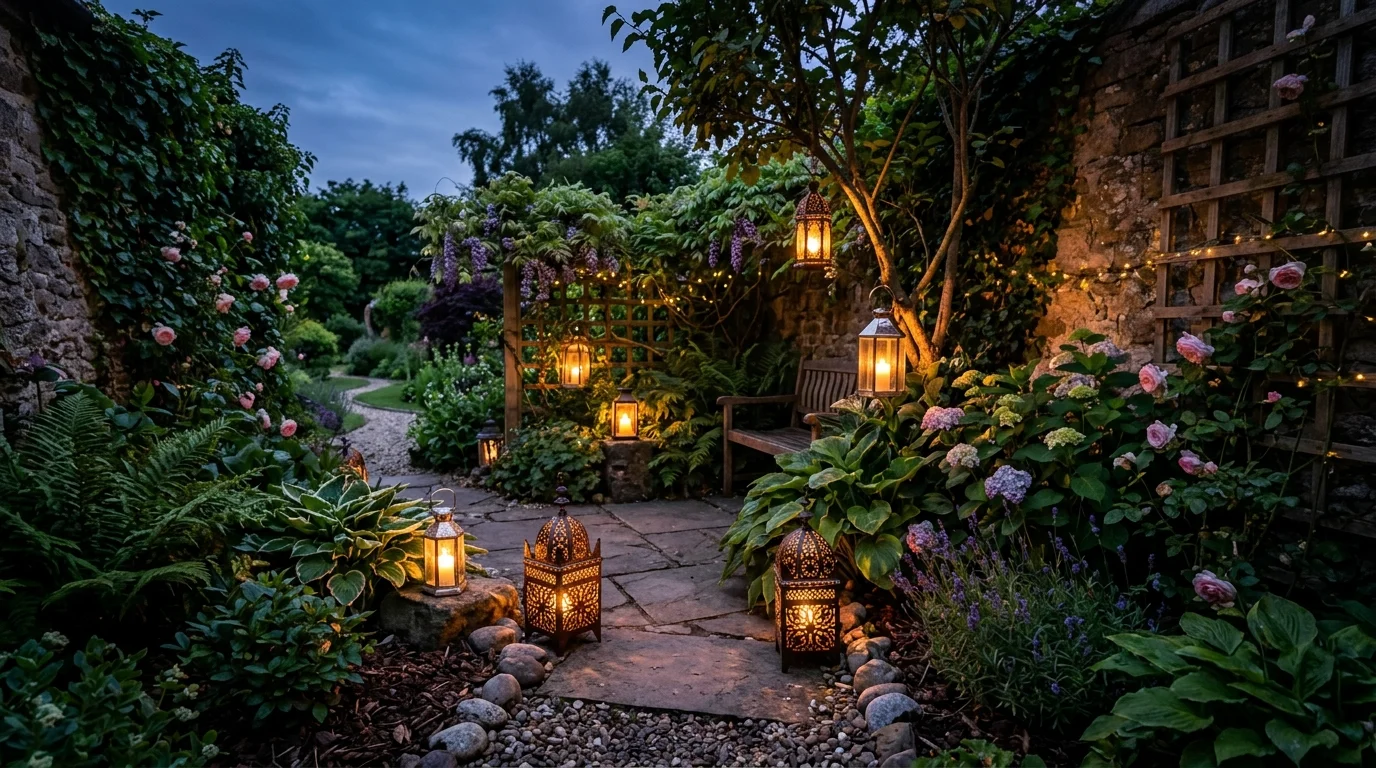 A garden corner with decorative lanterns placed among plants casting a warm glow during dusk cozy magical ambiance no people