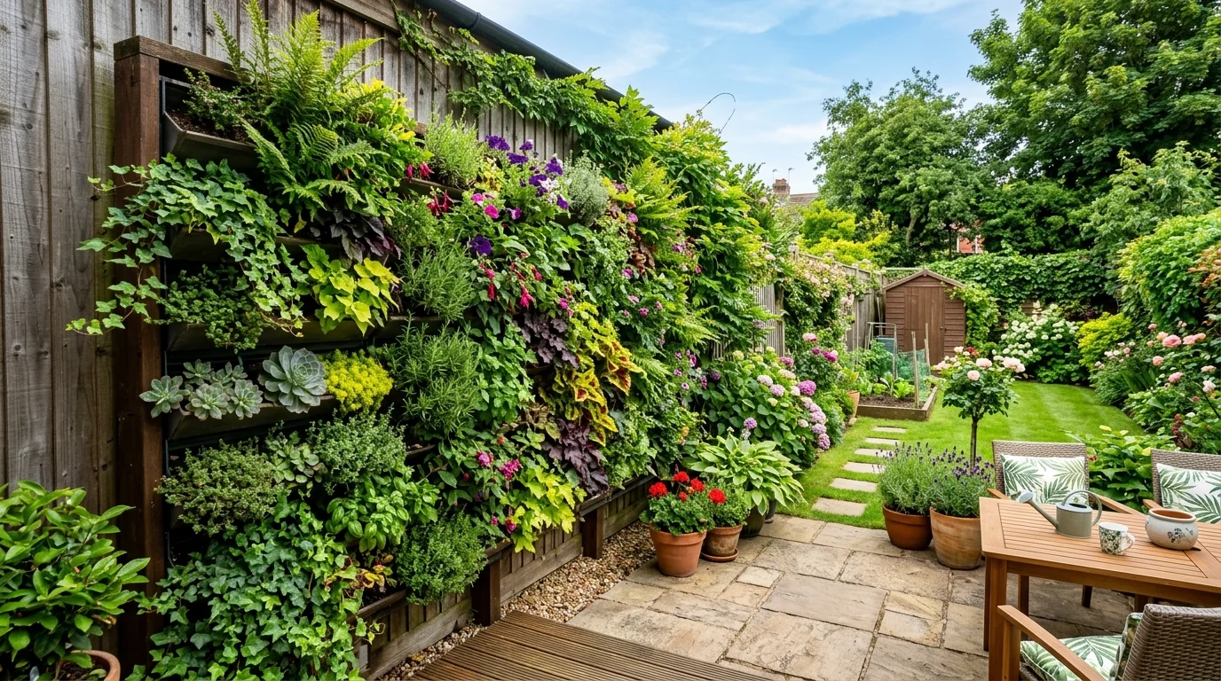 A backyard with a vertical garden wall filled with plants bright natural lighting space saving lush decor no people