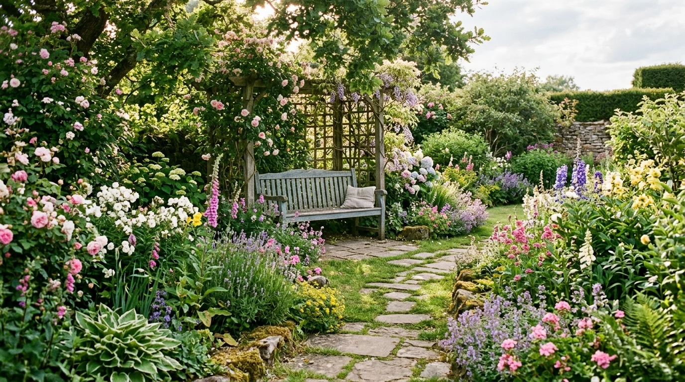 A stone pathway leading to a garden bench surrounded by flowers soft sunlight charming relaxing outdoor spot no people