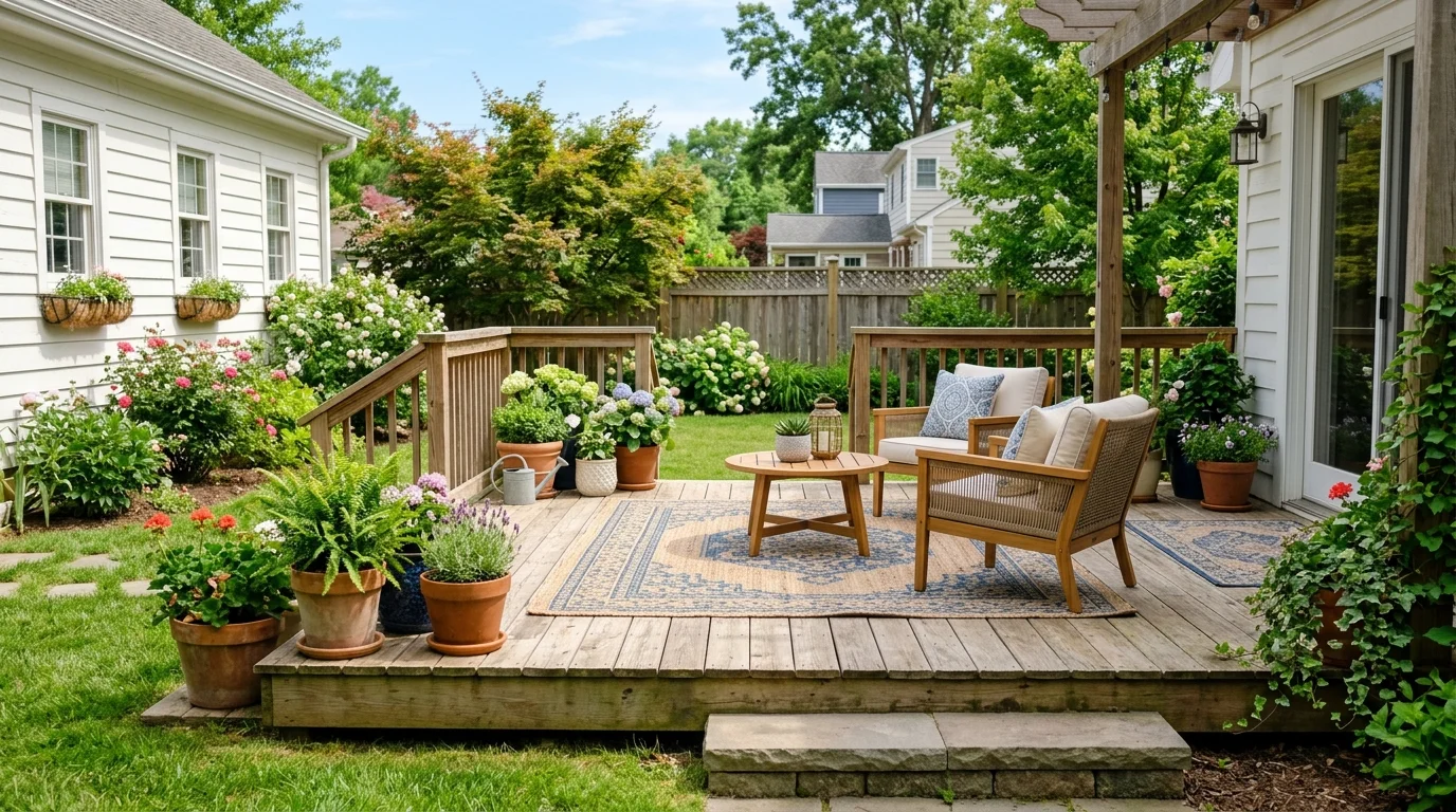 A backyard with a wooden deck decorated with potted plants and outdoor rugs bright natural daylight cozy stylish outdoor living area no people