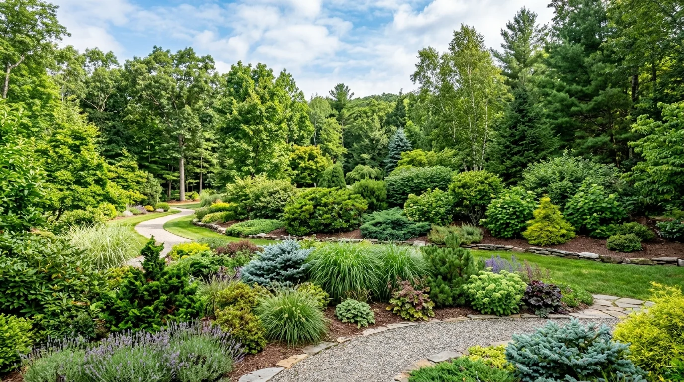 A landscape with layered greenery shrubs and trees creating depth and visual interest bright natural lighting harmonious outdoor design no people