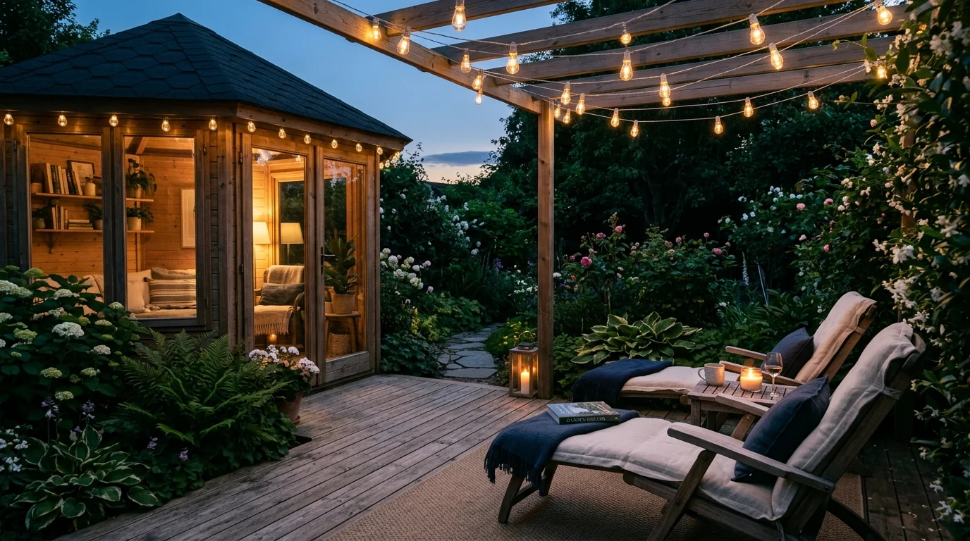 A garden room with a wooden deck lounge chairs and a small table under string lights soft evening lighting relaxing outdoor retreat no people