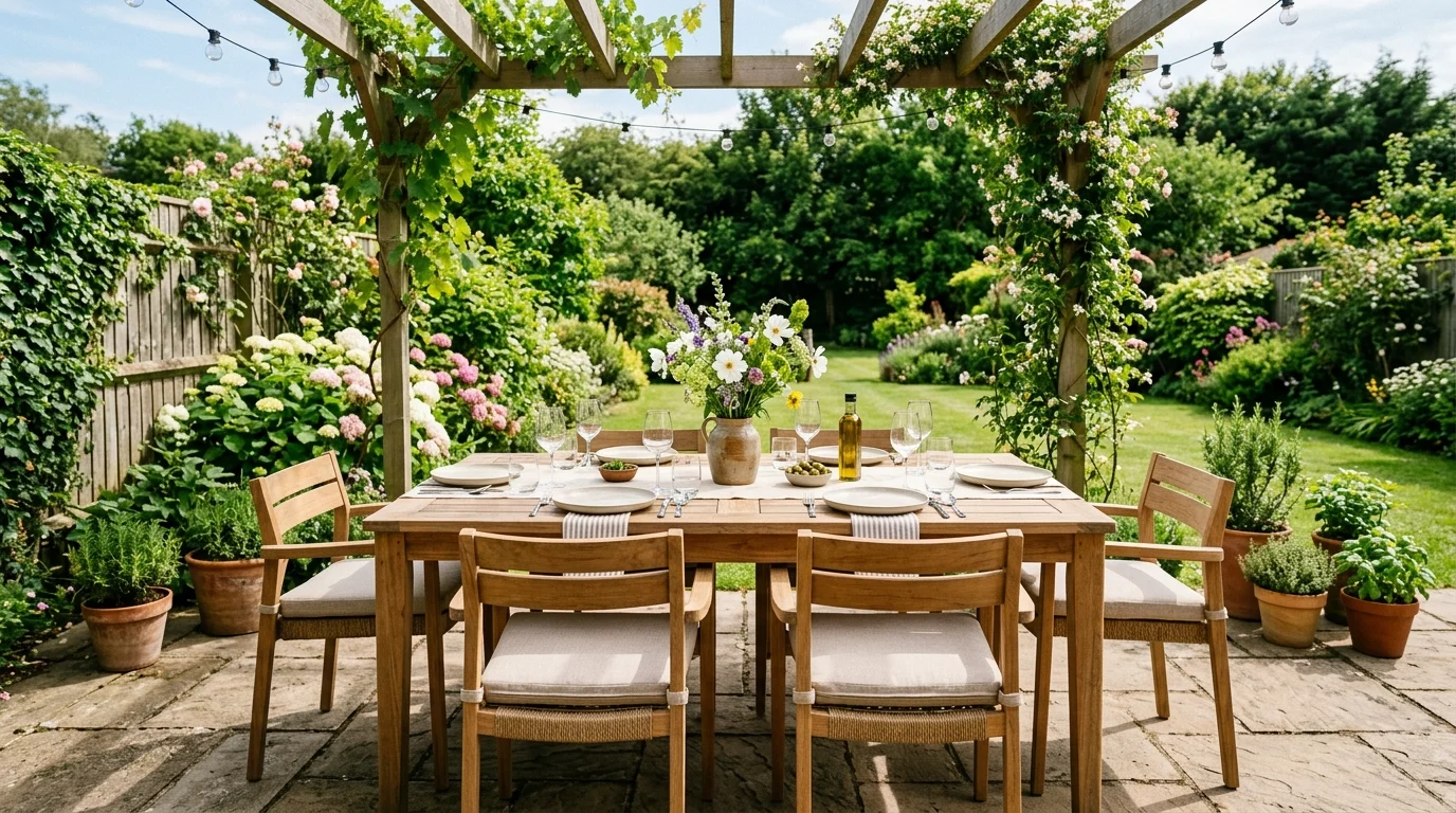 A backyard space with an outdoor dining area including a wooden table chairs and a simple centerpiece bright natural light welcoming alfresco setup no people