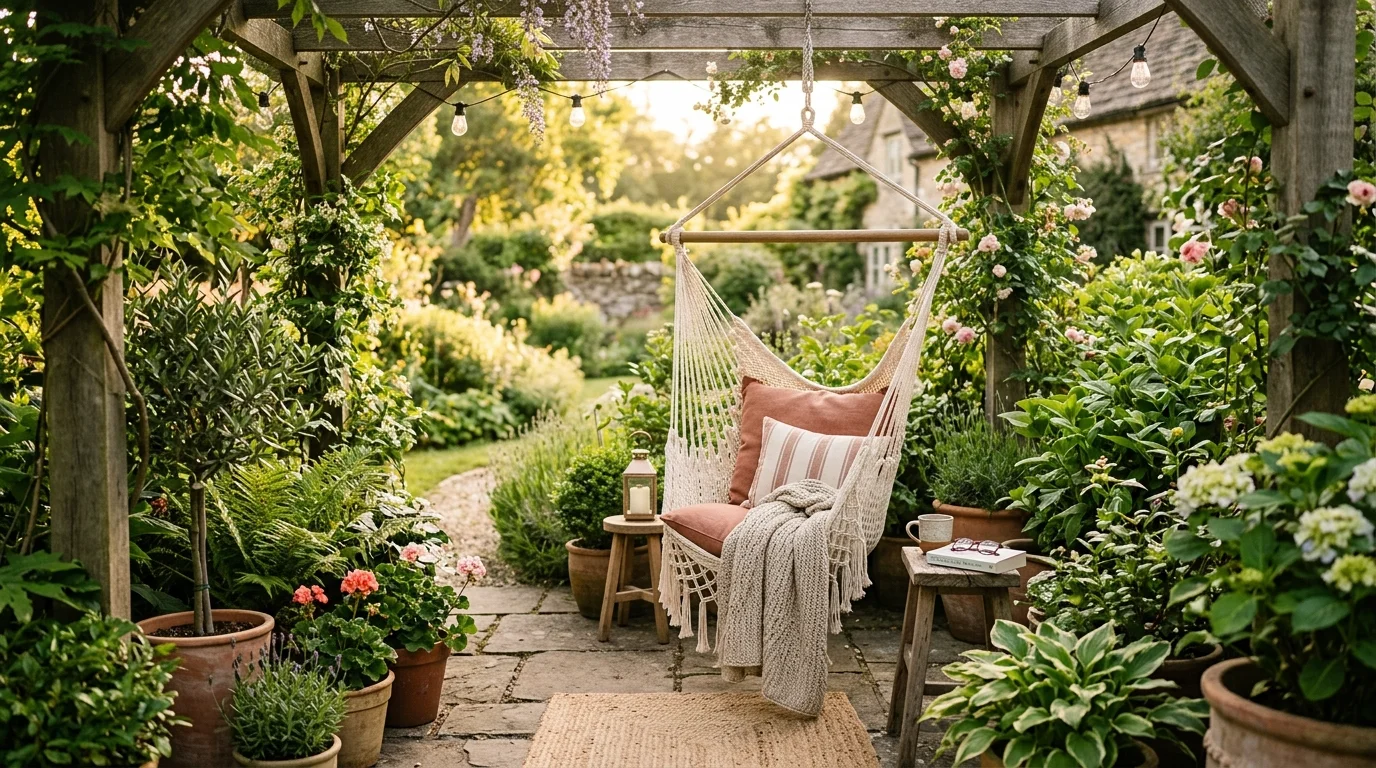 A cozy outdoor room with a hammock or swing chair surrounded by plants soft golden hour lighting peaceful relaxing vibe no people
