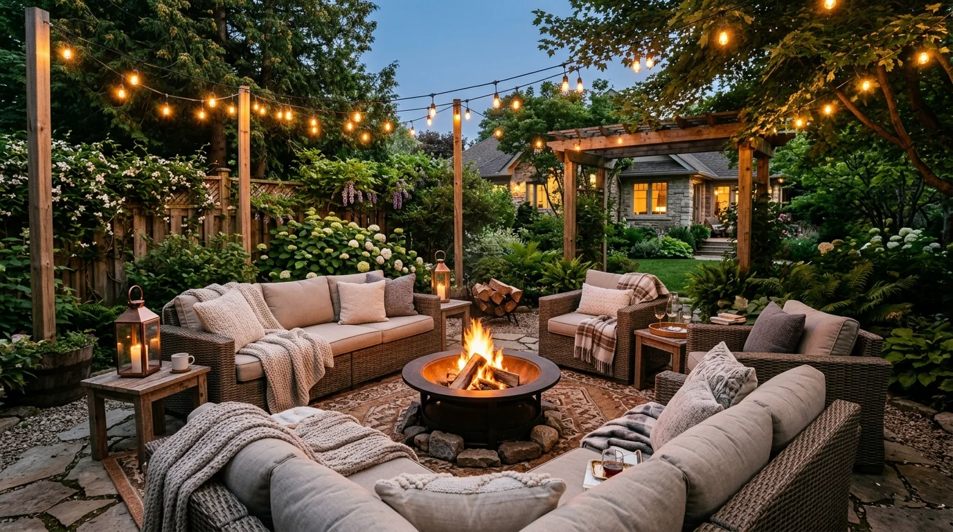 A backyard lounge area with a fire pit surrounded by comfortable seating and soft cushions warm ambient lighting cozy gathering spot no people