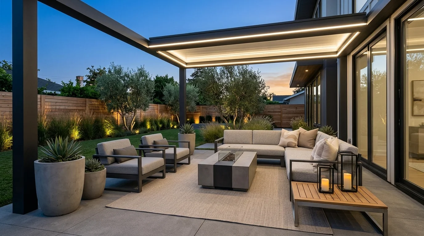 A modern outdoor room with sleek furniture neutral tones and minimal decor bright lighting clean contemporary design no people
