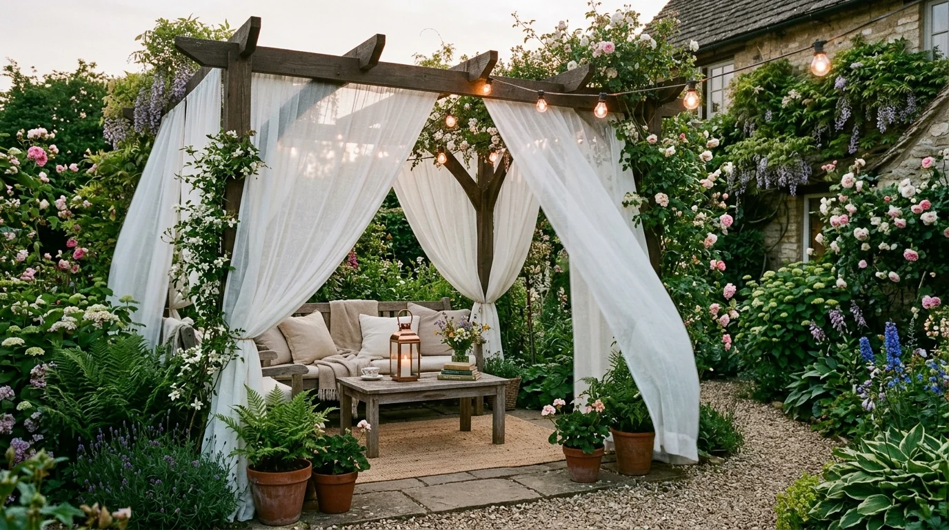 A garden room with sheer curtains draped around a pergola creating a private retreat soft lighting dreamy outdoor space no people