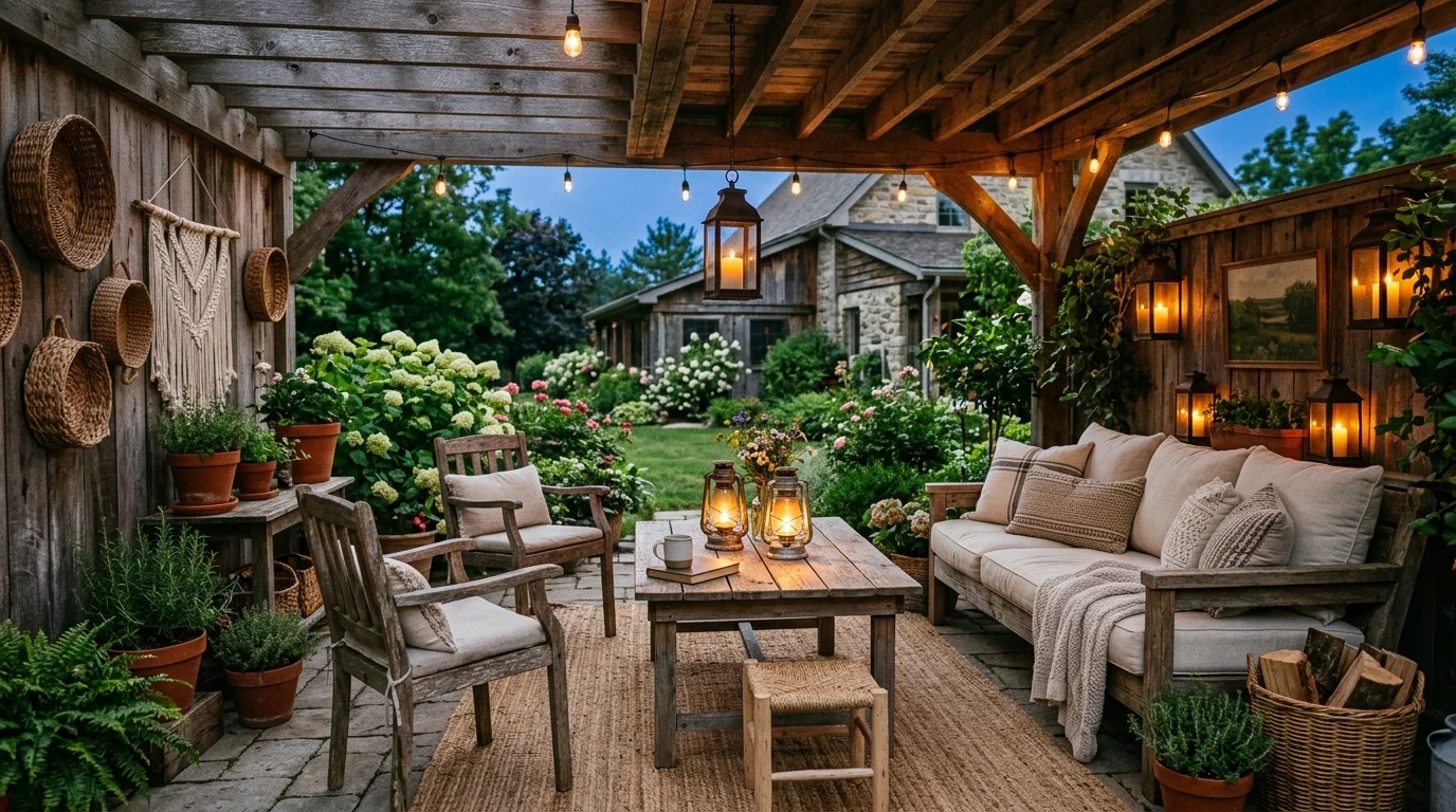 A rustic backyard room with wooden furniture lanterns and woven decor warm lighting charming farmhouse outdoor feel no people